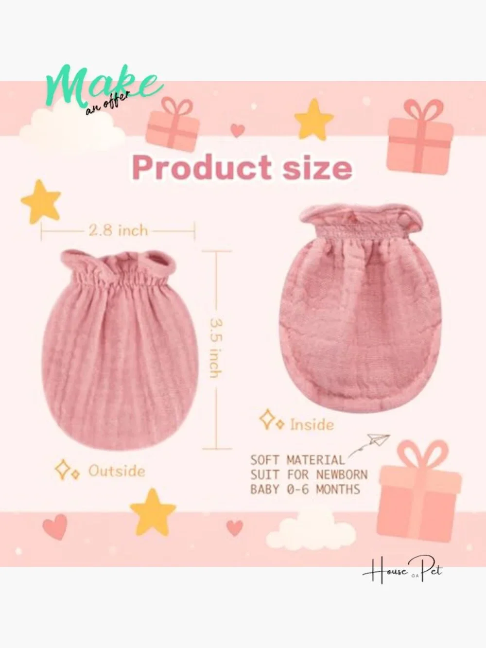 100% Cotton Muslin Baby Mittens for Newborns 0-6 Months